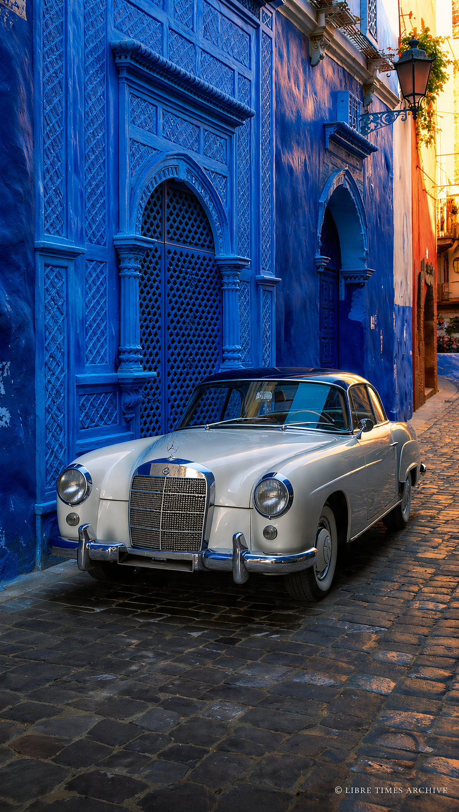 Vintage Mercedes-Benz parked along a cobalt blue Moroccan street at golden hour, capturing quiet luxury and cinematic travel.