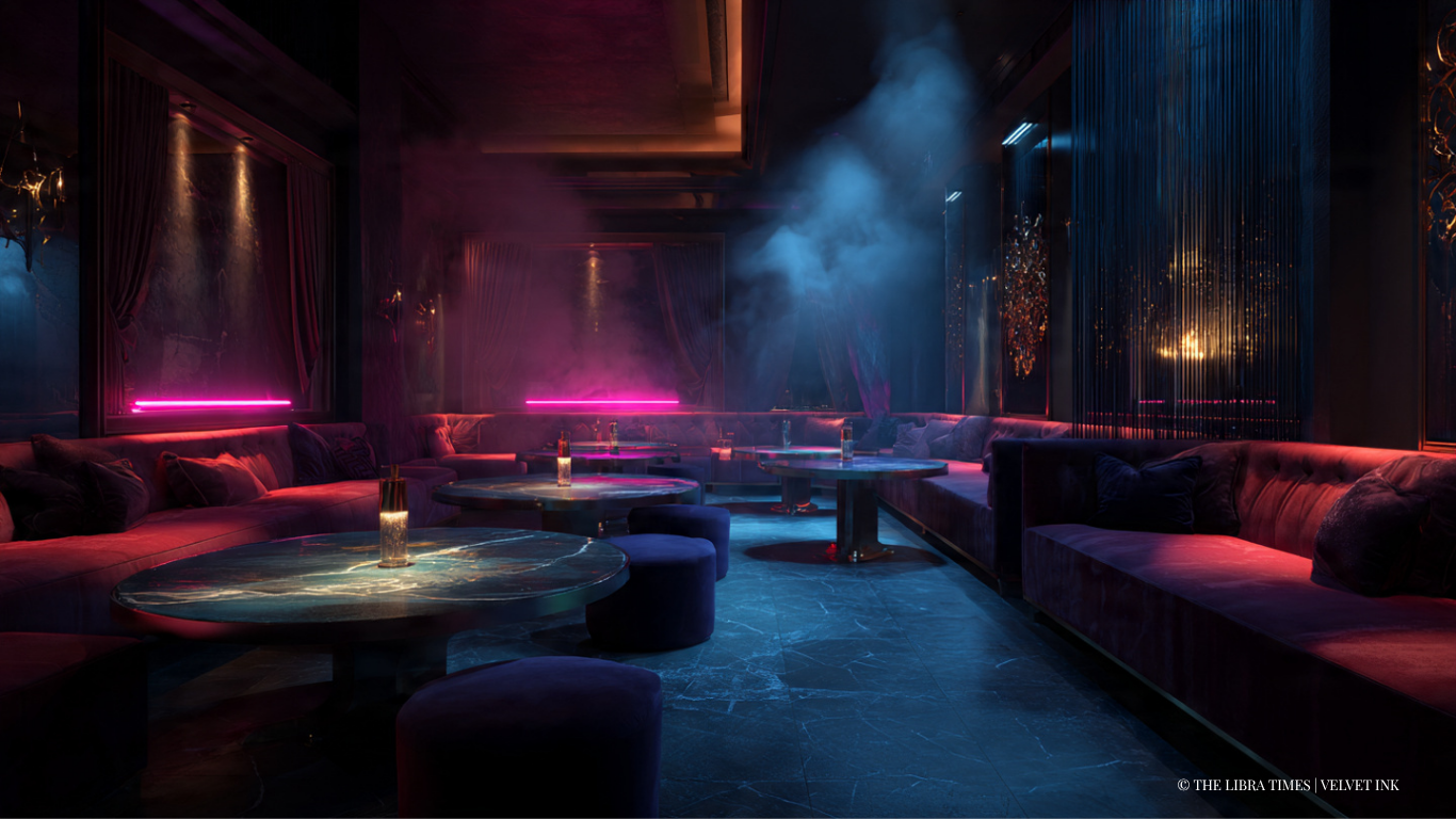 High-end luxury lounge interior with velvet textures and neon lighting for Madonna Abbey pop-up analysis.